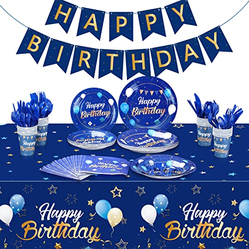 Pajean Blue Happy Birthday Party Tableware Set Birthday Decoration Banner and Tablecloths Decoration Plates Cups Napkins Dinnerware for 24 Guests Party Supplies(Blue and Gold)
