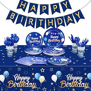 Pajean Blue Happy Birthday Party Tableware Set Birthday Decoration Banner and Tablecloths Decoration Plates Cups Napkins Dinnerware for 24 Guests Party Supplies(Blue and Gold)