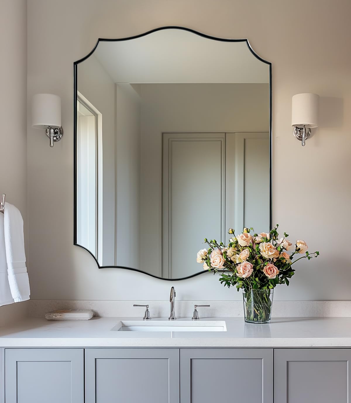ANDY STAR Brushed Nickel Bathroom Mirror 28x36 Inch Asymmetrical Wall Mirror Modern Rectangle Mirror with Unique Wavy Design