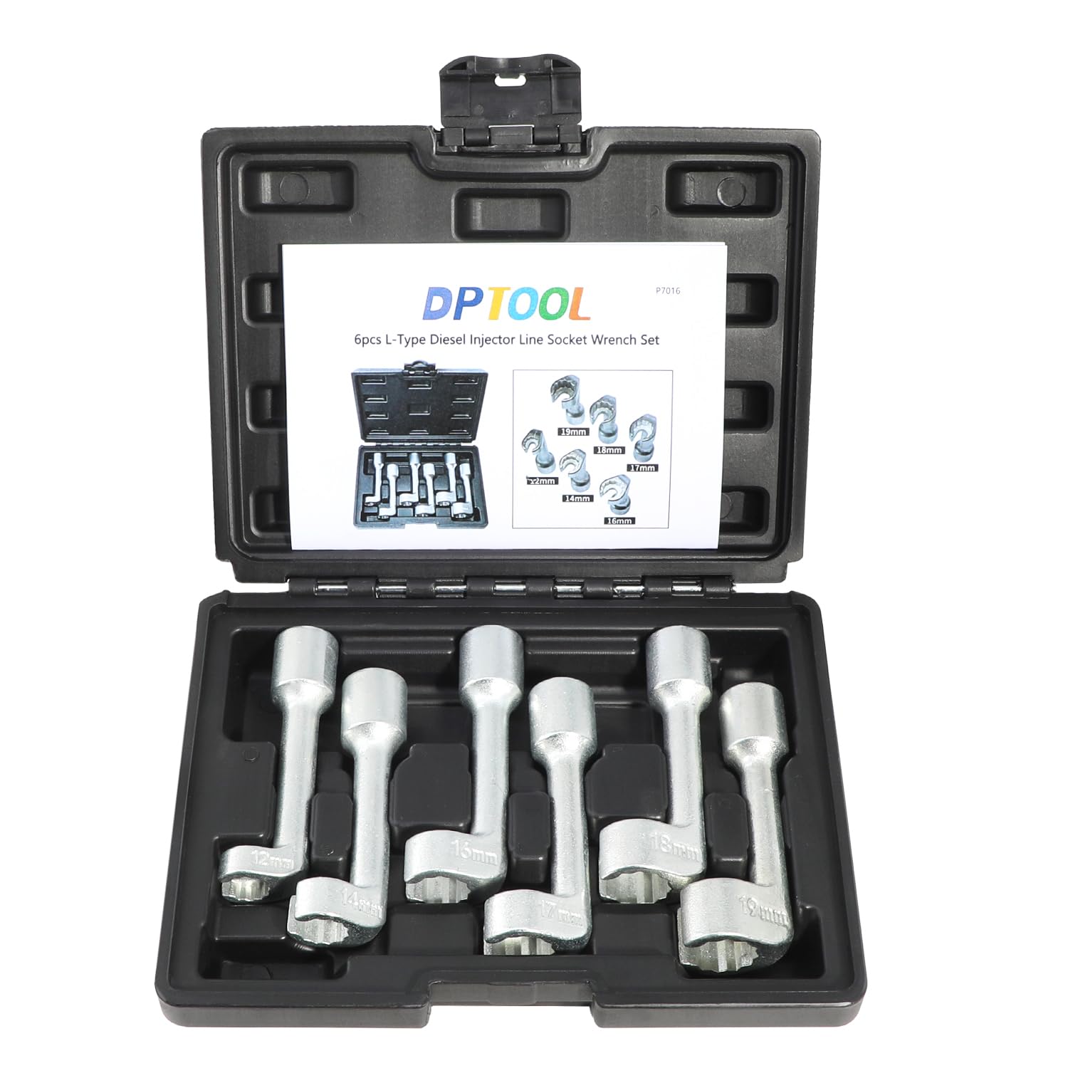 DPTOOL Diesel Injector Line Socket Wrench Set 8pc 12pt L-Type Fuel Line Socket Set 12mm 14mm 16mm 17mm 18mm 19mm 1/2" Dr Slotted Socket for Removal