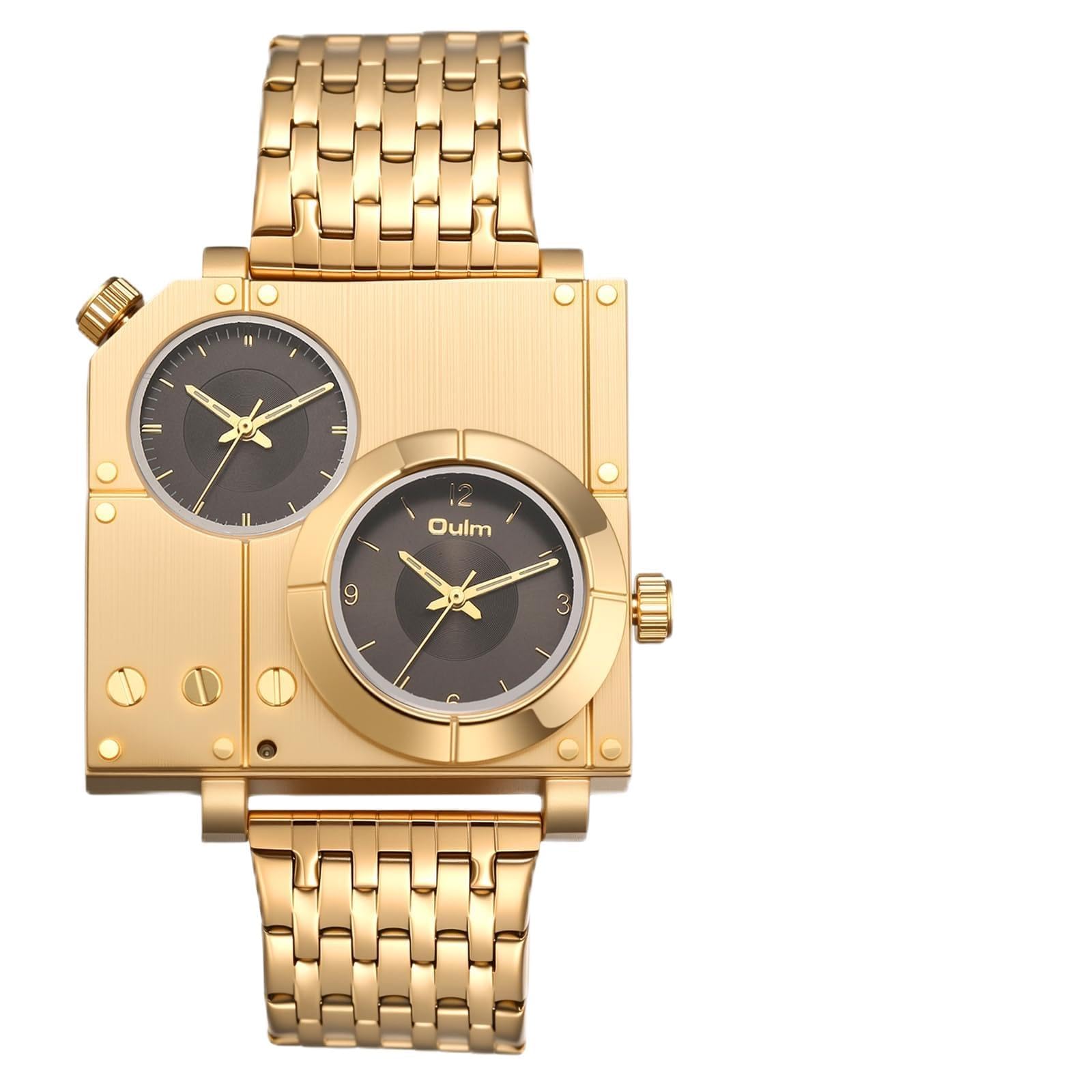 OIDEA - Reloj para hombre, cuadrado, cuarzo, caja dorada, pulsera de acero inoxidable, extraíble, esfera negra, doble esfera de dos zonas horarias, gran reloj, regalo para hombre
