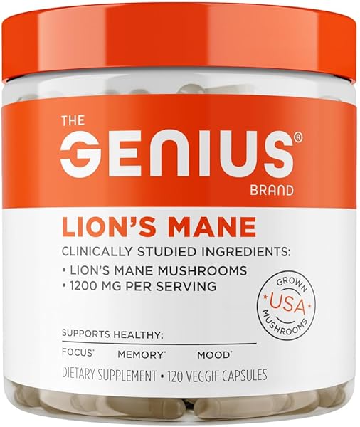The Genius Brand Genius Lion's Mane - Plant-Based Supplement for Memory, Focus & Mood Support - Organic & Non-GMO - 120 Veggie Capsules