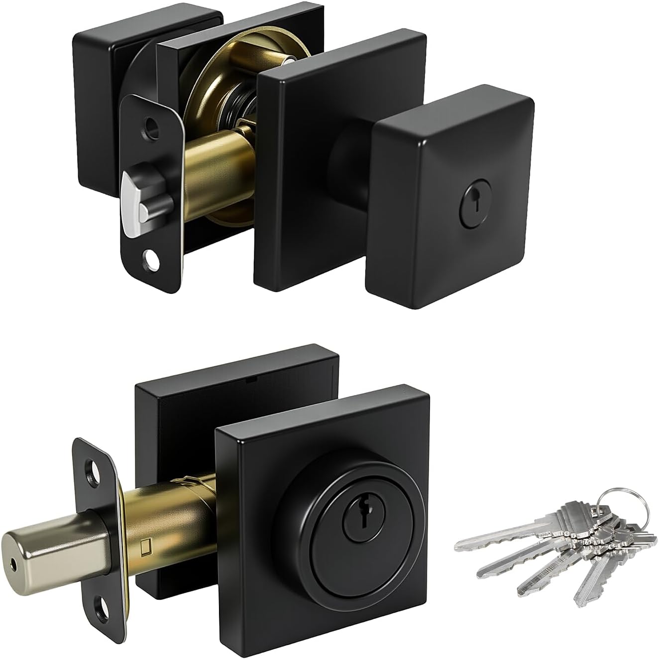 Cielsa Dawn Square Black Door Knob and Deadbolt Lock,Single Cylinder Deadbolt Lock and Door Knob Set, Keyed Alike Eexterior Door Locks for Front Door (Matte Black,1PACK)