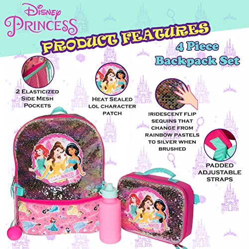 Disney Princess 4 Piece Backpack Set, Flip Sequin 16" School Bag For Girls With Front Zip Pocket, Pink #TOP6