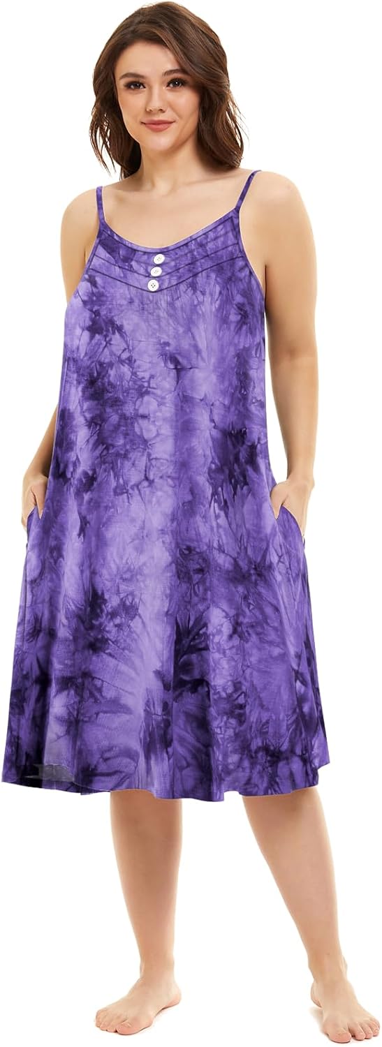 MONNURO Women's Nightgown Sleep Dress V Neck Sleeveless Soft Pleated Chemise with Pockets Tank Night Shirt Plus Size 1X-5XL