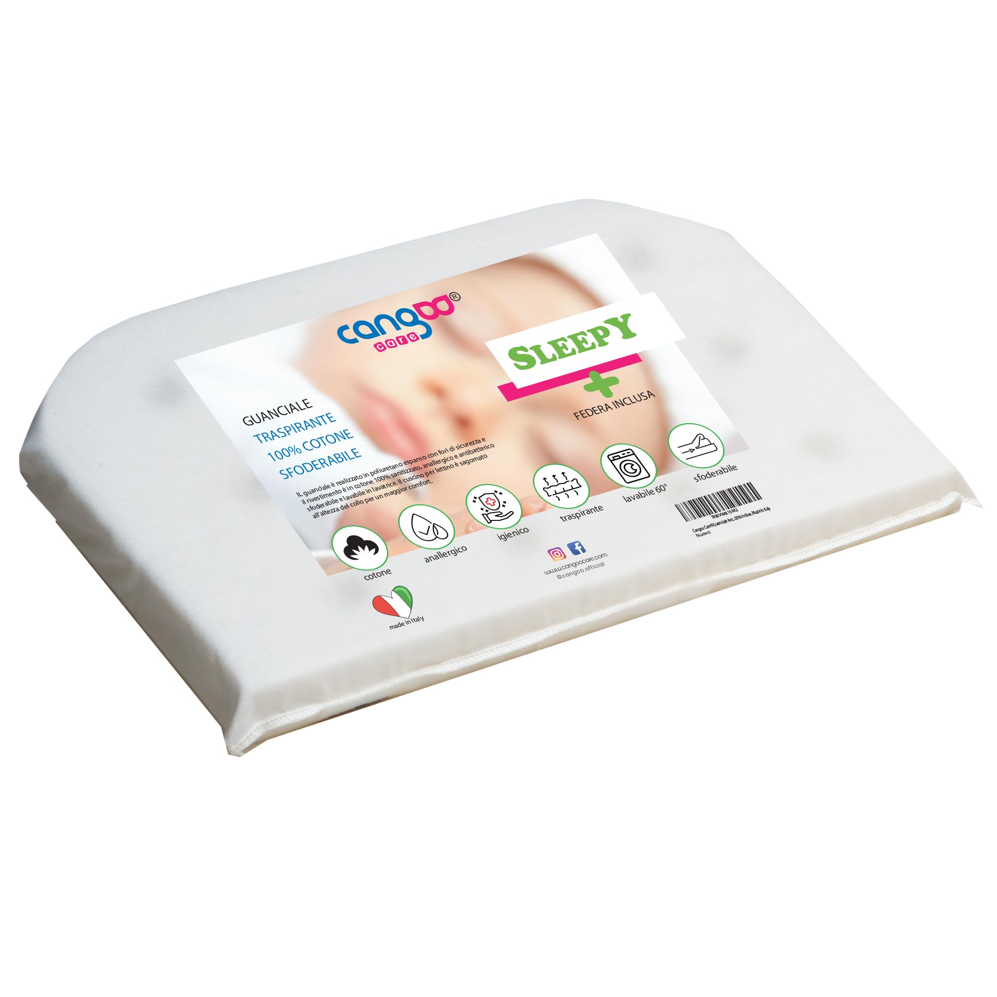 CANGOO CARE Cuscino Per Carrozzina Navicella, Fori Di Sicurezza, Migliora Il Respiro Notturno, Sfoderabile, Anallergico, 100% Cotone Sanitizzato 30x20x2,5 cm, Made In Italy