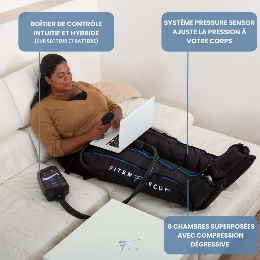 Fitem Bottes de Pressothérapie - 8 chambres, 6 modes - Massage des Jambes et pieds - Drainage lymphatique - Jambes Lourdes - Rétention d'eau - Anti-Cellulite - Récupération sportive - Garantie 2 ans