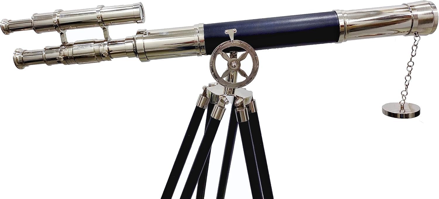 Vintage Floor Tripod Telescope Chrome Finish Nautical Spyglass Marine Double Barrel Black Wooden Floor Standing Stand Office & Living Room Decor