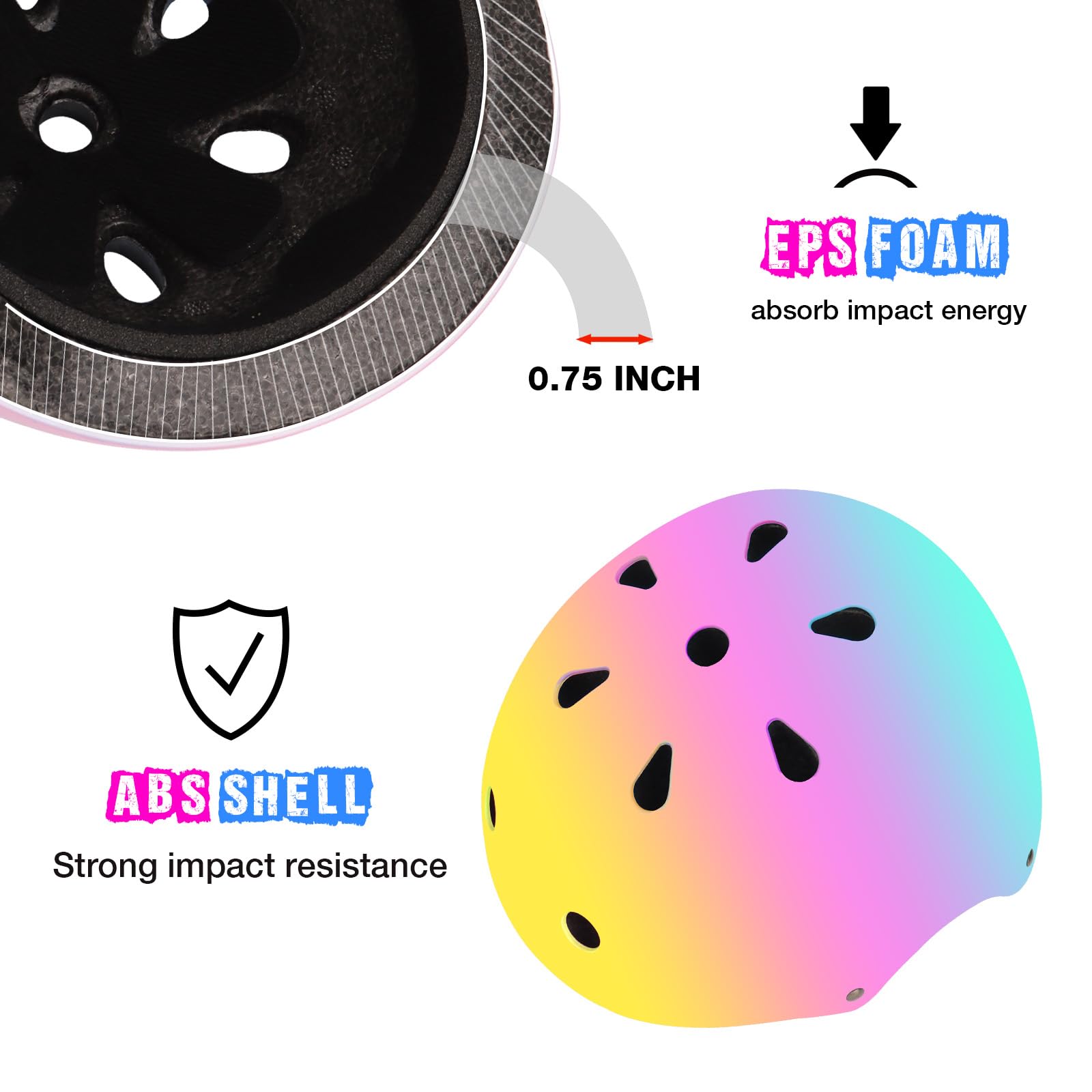 Casco de bicicleta ajustable de color degradado con rodilleras y coderas, casco de monopatín para niños y niñas de 3 a 14 años, ideal para equitación, scooters, patinaje en línea, longboard, patinaje