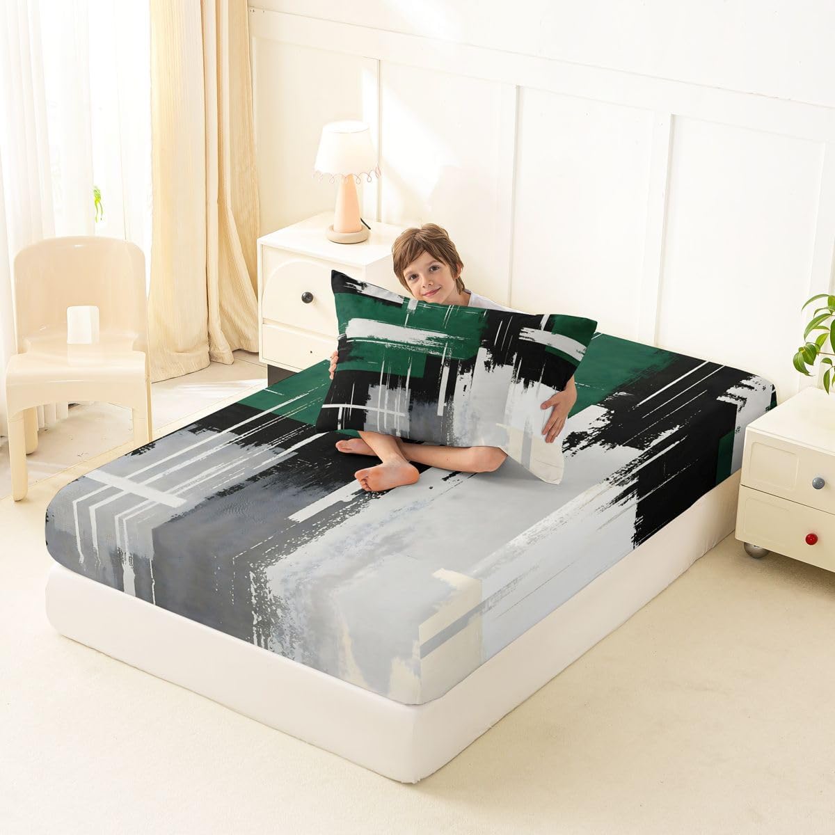 Erosebridal Green Black Grey Bedding Set Twin Size for Kids Boys Girls