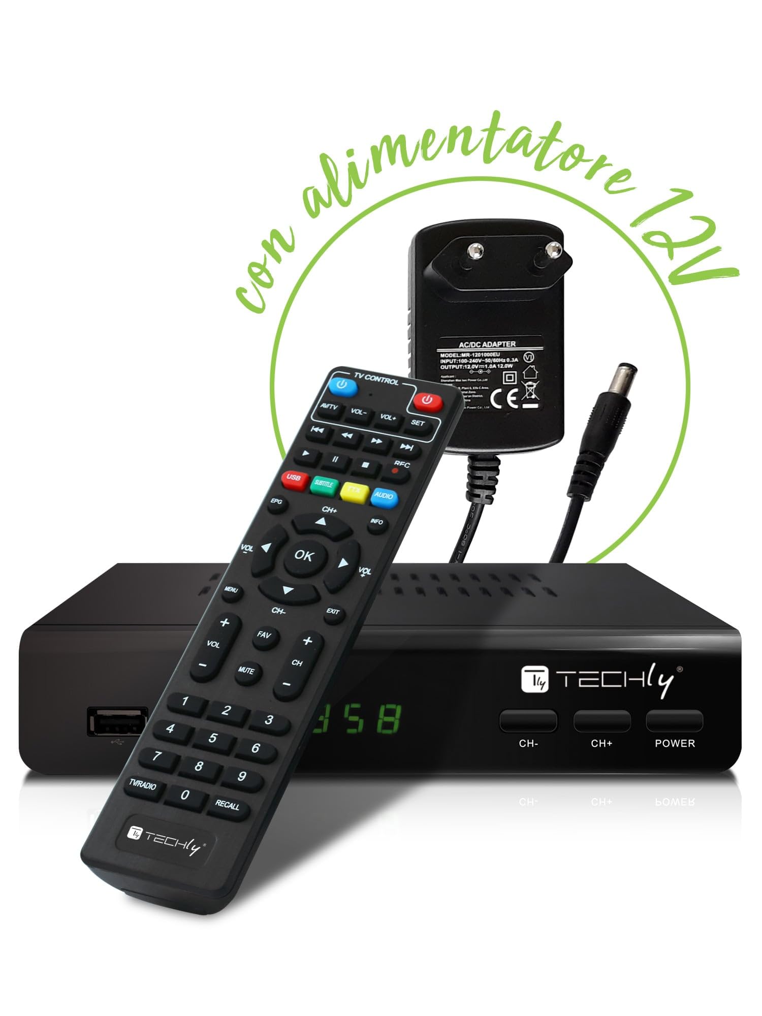 Techly 360974 DVB-T/T2 H.265 HEVC 10bit metalowy dekoder odbiornika cyfrowego, uniwersalny pilot zdalnego sterowania 2 w 1 z zasilaczem 12 V, czarny