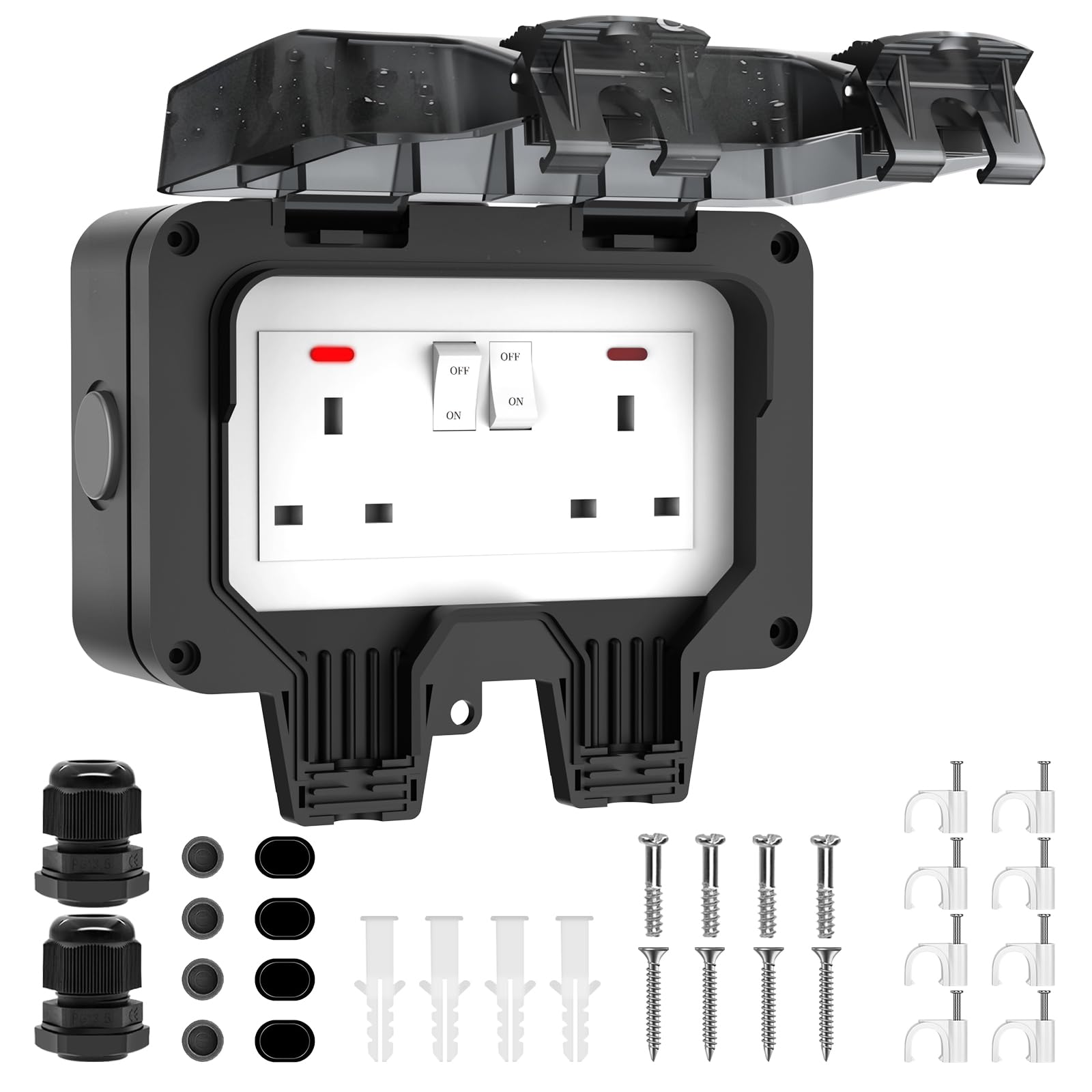 Outdoor Socket Waterproof IP66 Outside Double Plug Socket Weatherproof Wall Electrical Outlet 13Amp 2 Gang Storm Switched Power Box External Plug Extension with Lockable Cover