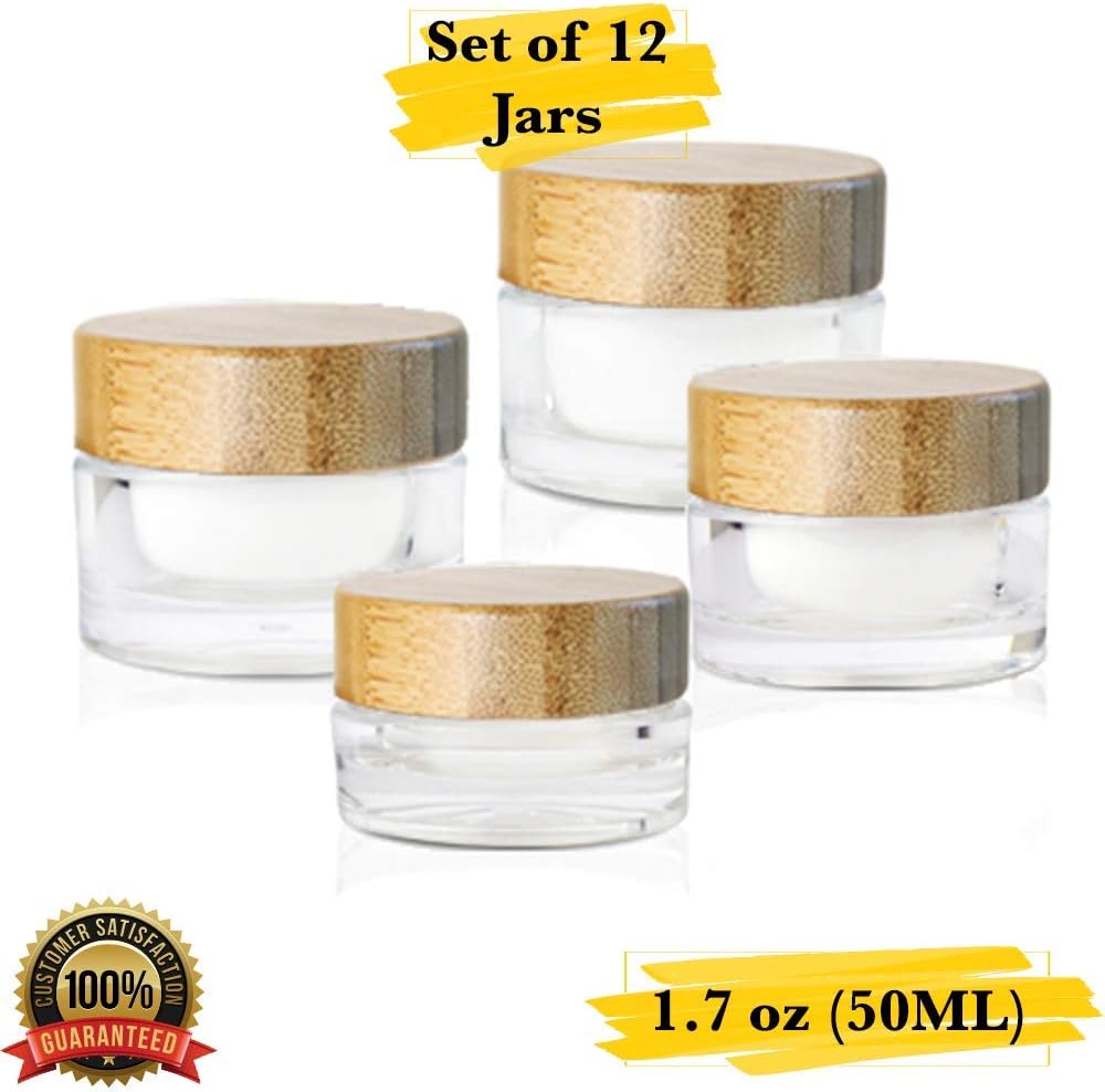 MM Packaging Luxury Cosmetic Jar, Acrylic Round Jars, Refillable Containers, 1.7 oz (50 ml) with Lids. (Set of 12, Bamboo Cap)