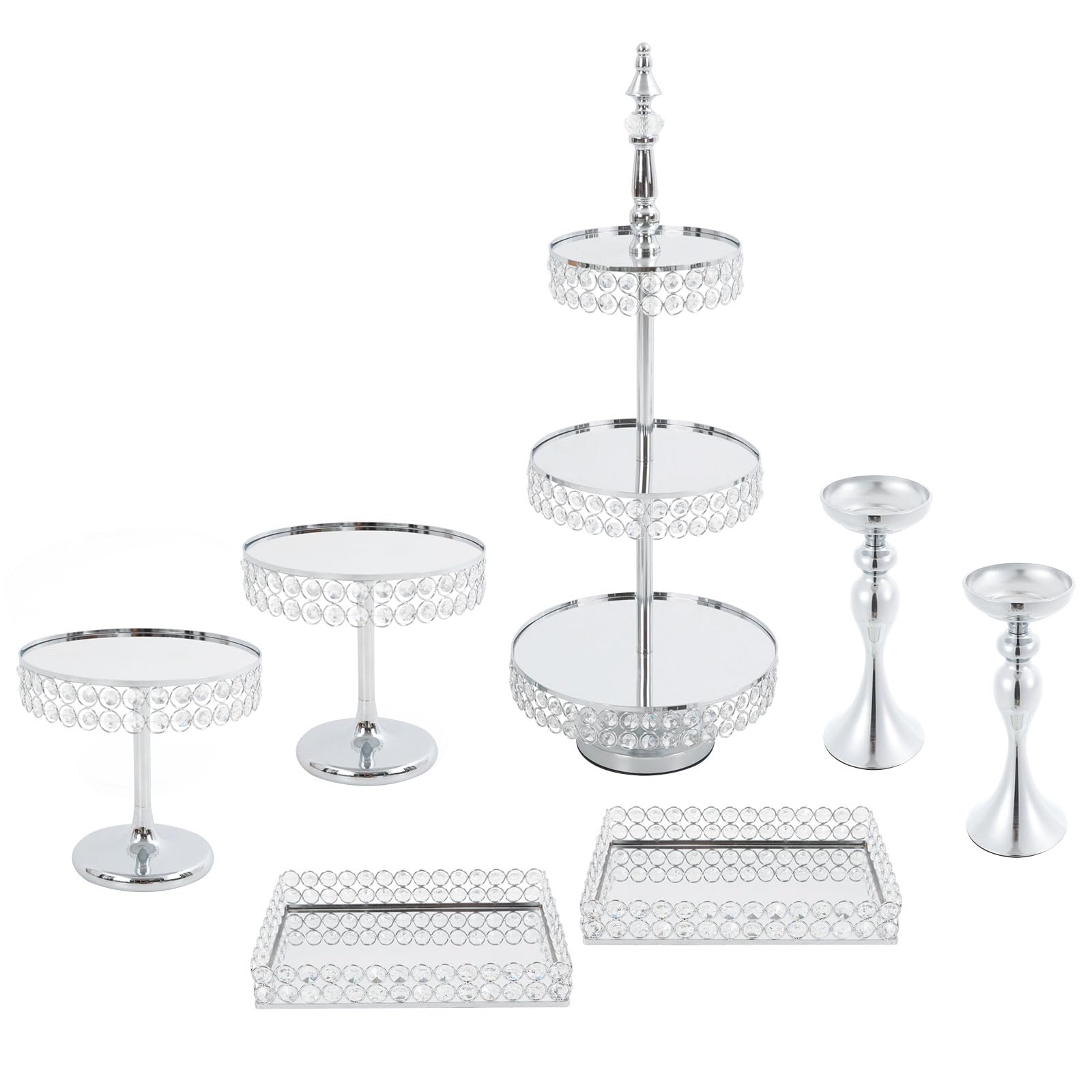 Juego de 7 soportes para tartas, mesa de postre, platos de presentación (plata) | 2 soportes rectangulares y 5 soportes para tartas, torre de servir para aniversarios, bodas, fiestas de cumpleaños, fiestas
