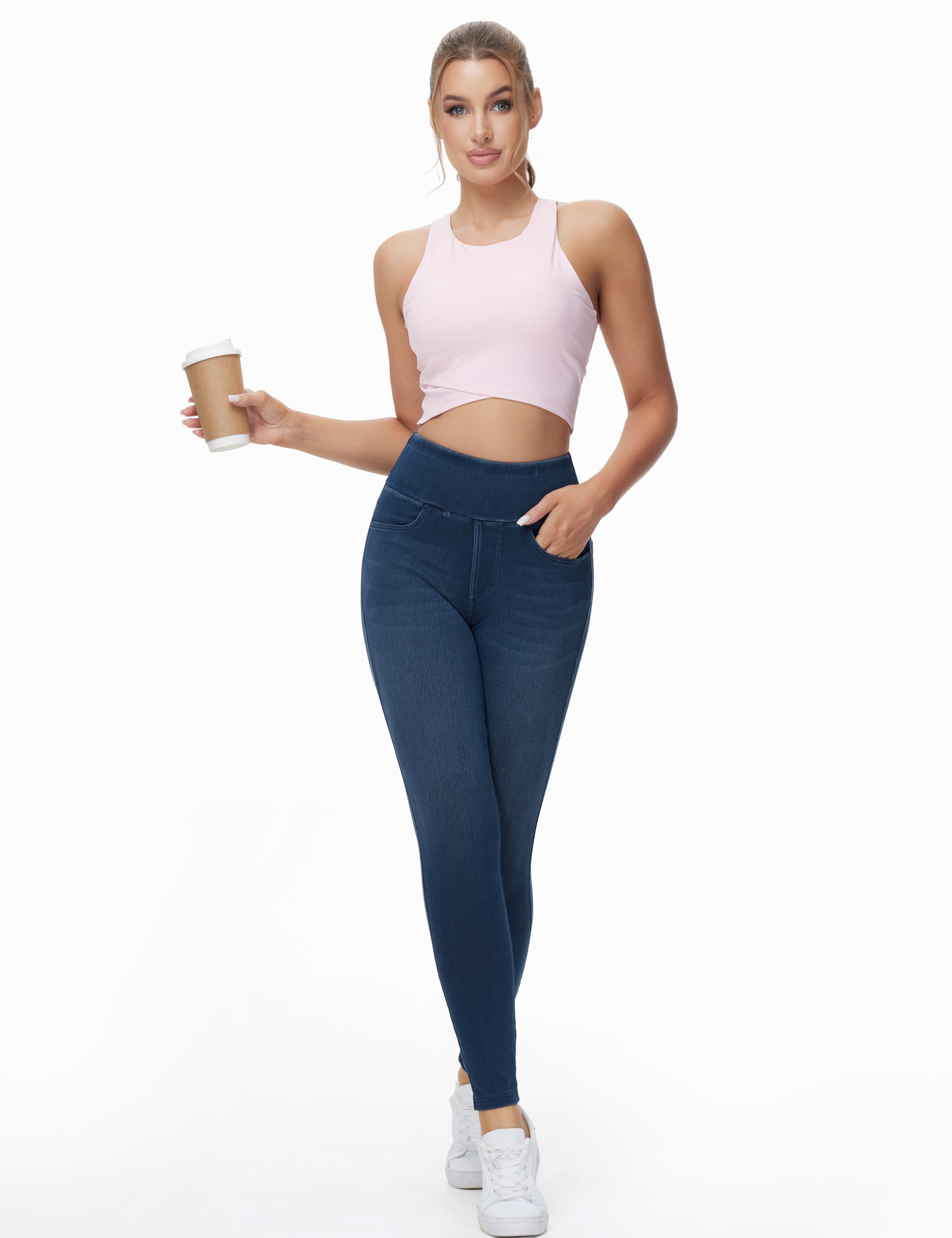 THE GYM PEOPLE Damskie spodnie jegginsy z wysokim stanem, rozciągliwe legginsy dżinsowe z kontrolą brzucha, z kieszeniami