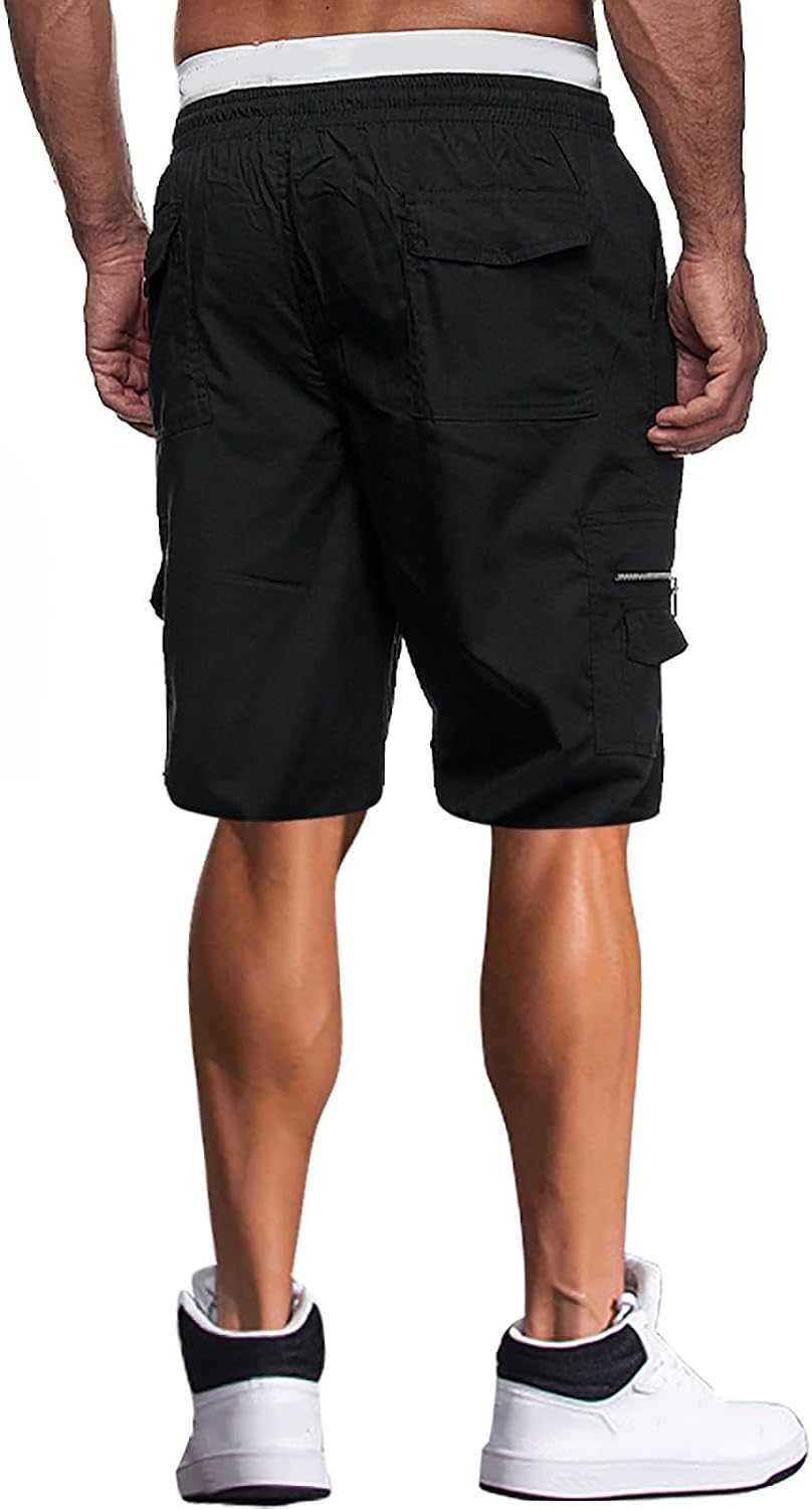 WENKOMG1 Mens Cargo Shorts Below Knee Lightweight Breathable Elastic Waist Drawstring Multi Pockets Work Shorts