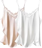 Ekouaer Women's 2-Pack Satin Lace Cami Tops V-Neck Adjustable Spaghetti Straps Soft Sleepwear Tank