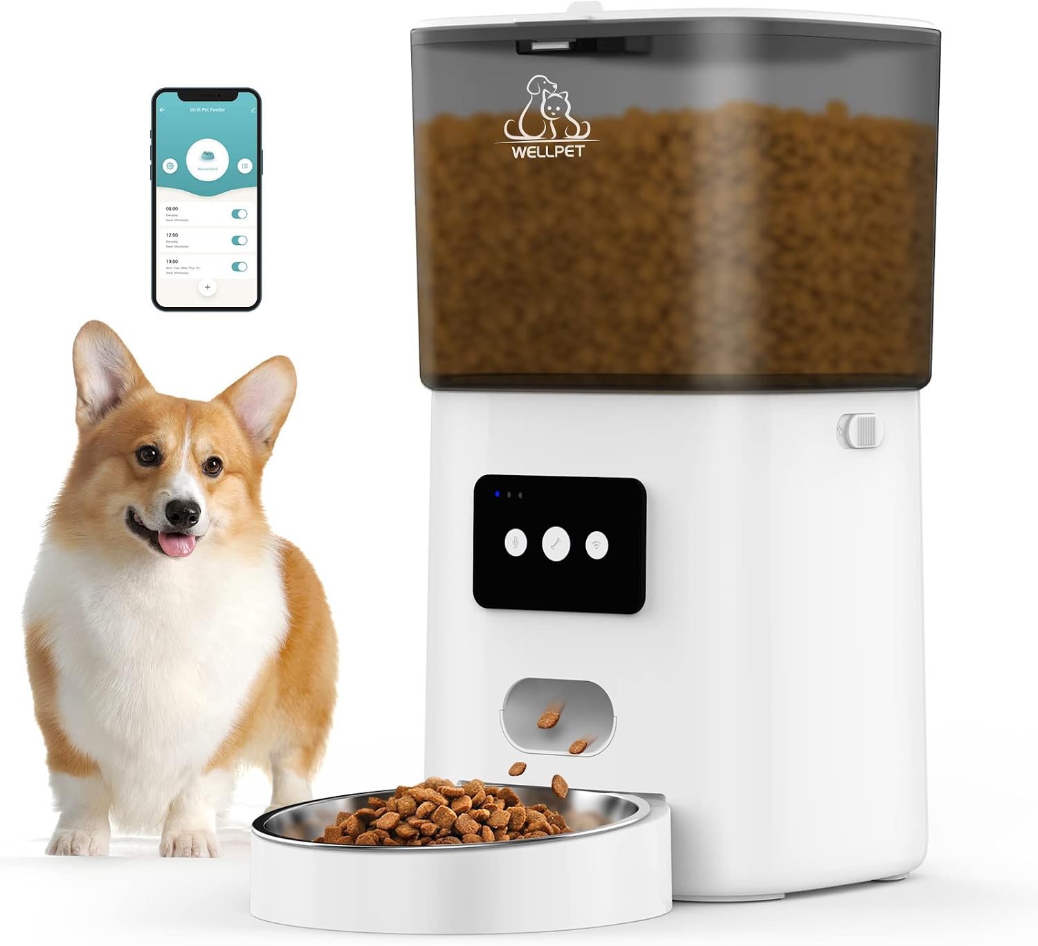 Automatic Dog and cat Feeder, WELLPET WiFi-Enabled smart cat Food Dispenser, Automatic Dog Food Dispenser with APP Remote Control Part, cat Feeder with Low Food Alarm, Dual Power Supply