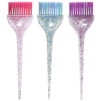 Colortrak 3 Pack Hair Color Brush Set with Glitter Handles for Highlighting, Tint and Coloring Hair Sections - Soft Feathered Bristles Application 3.5 x 11 inch