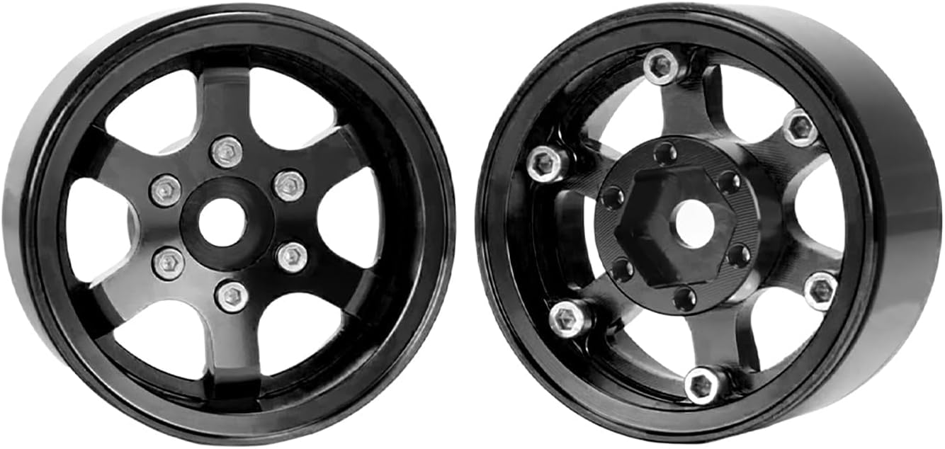 4pcs 1.55inch Beadlock Alloy 6-Spoke Aluminum Wheels Rims Hubs 1/10 RC Crawler Rims Fit for Axial 90069 Tamiya D90 TF2 LC70 LC80 MN98 (Black)