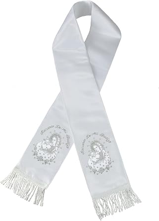 Metallic Embroidered Christening Baptism Stole Scarf Sash Virgin Mary Pope Santa Maria Papa Small Newborn2 Years, Silver with Spanish