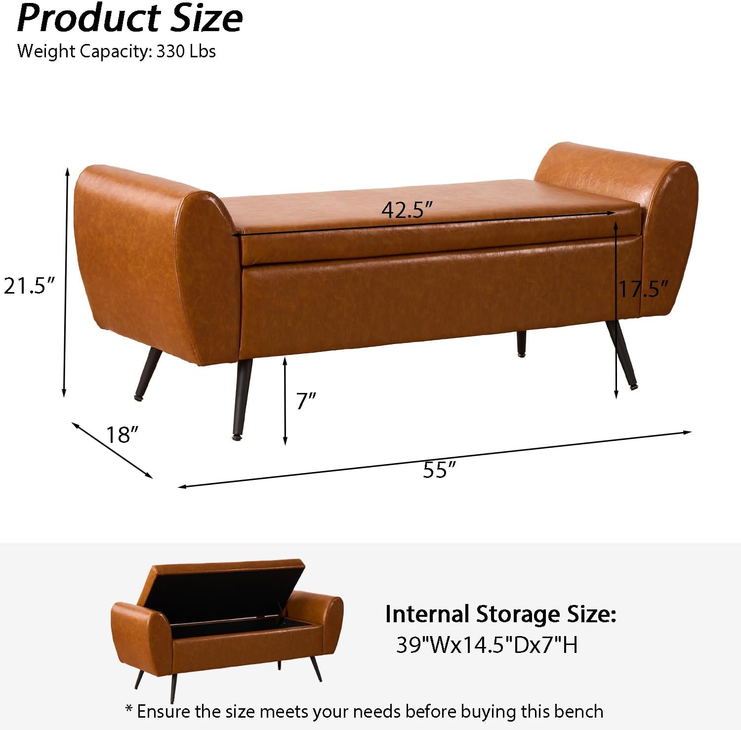 Storage Bench for Bedroom, 55" Extra Long Bench for King Size Bed, Modern Upholstered End of Bed Ottoman Bench with Arms for Entryway Living Room (Vegan Leather, Camel Brown)