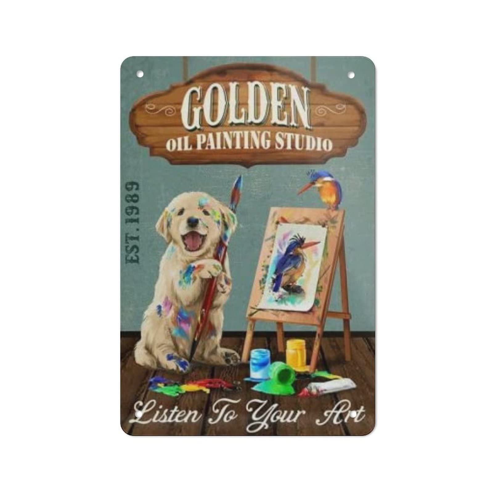 AOOEDM Golden Retriever Dog Oil Painting Studio Vintage Tin Sign Metal Tin Signs for Man Cave Funny Art Wall Plaque Kitchen Bar Pub Coffee Shop Wall Decor