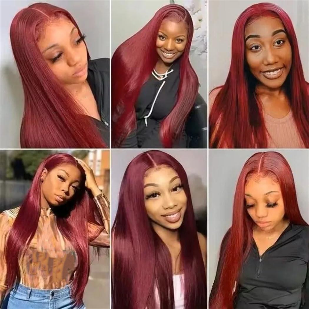 Womens Burgundy Straight Lace Front Human Hair Wig 42 Inch HD Transparent Lace Pre Plucked Natural Hairline wigs