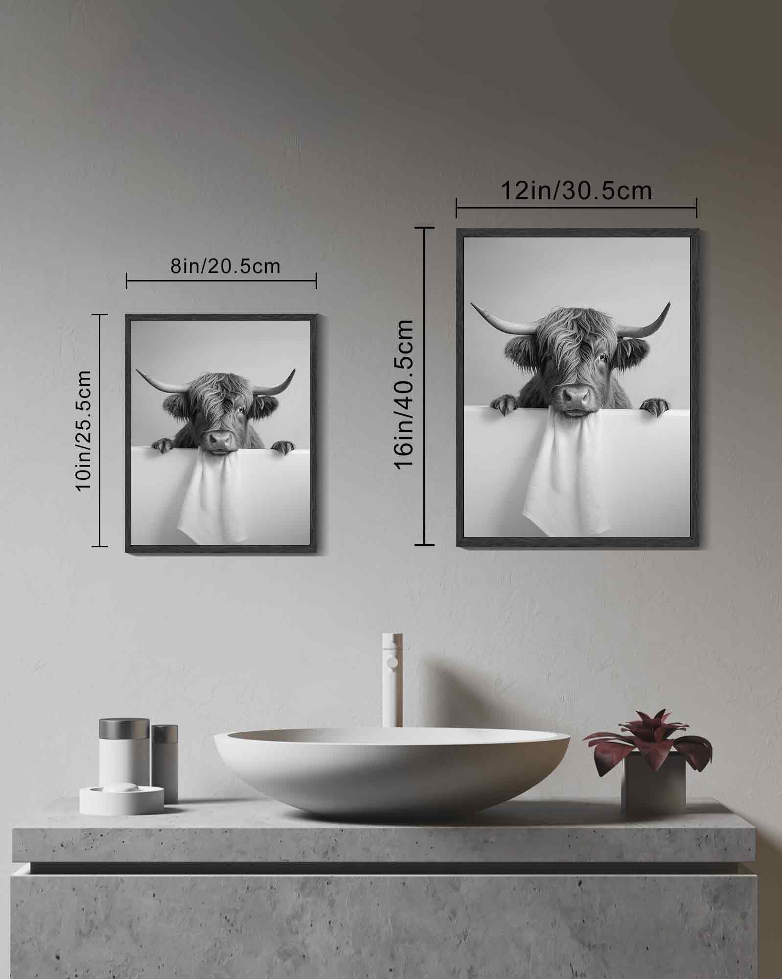 Art Mural Amusant, Vache Dans La Salle De Bain, Affiche Decoration Murale Noirs Et Blancs Pour Salle De Bains, Impressions Sur Toile Animalière Pour Salle De Bain 30x40 Cm Sans Cadre