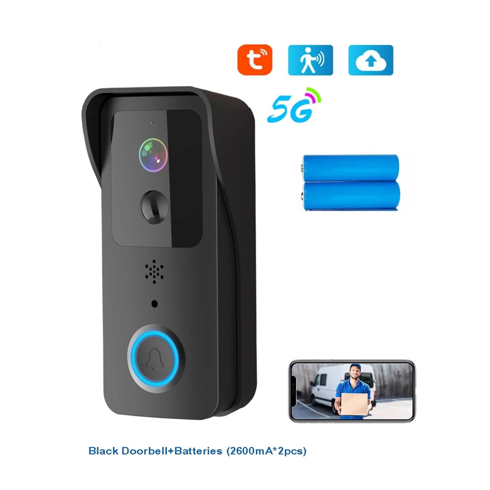 ThikK Videocitofono WiFi 5G 2.4G 1080P Tuya Smart citofono Wireless Esterno Telecamera Wireless Impermeabile con Alimentatore AC/DC (Color : with Batteries-B, Size : U/K)