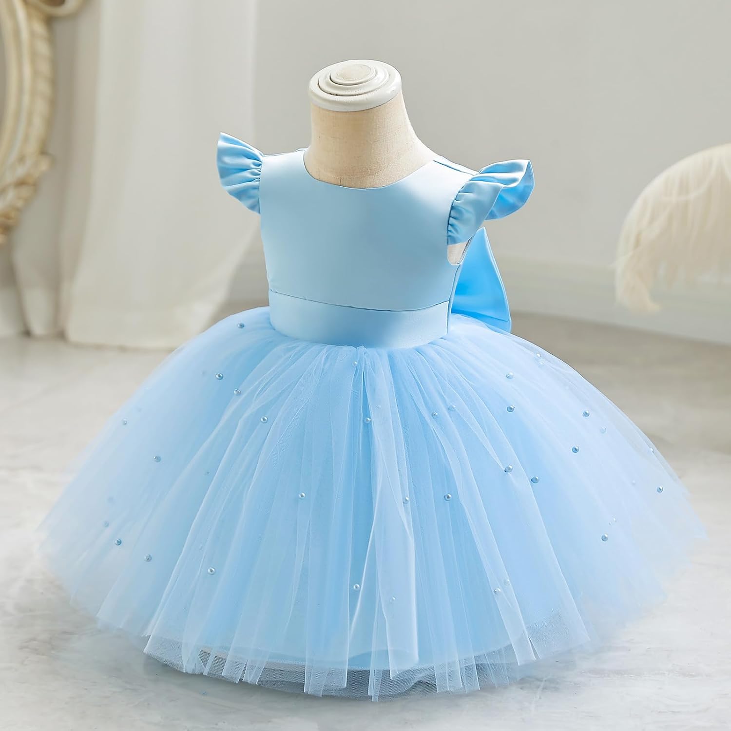 IBTOM CASTLE Infant Baby Flower Girl Dress Satin Pearls Tulle Bowknot Princess Birthday Party Pageant Tutu Dress