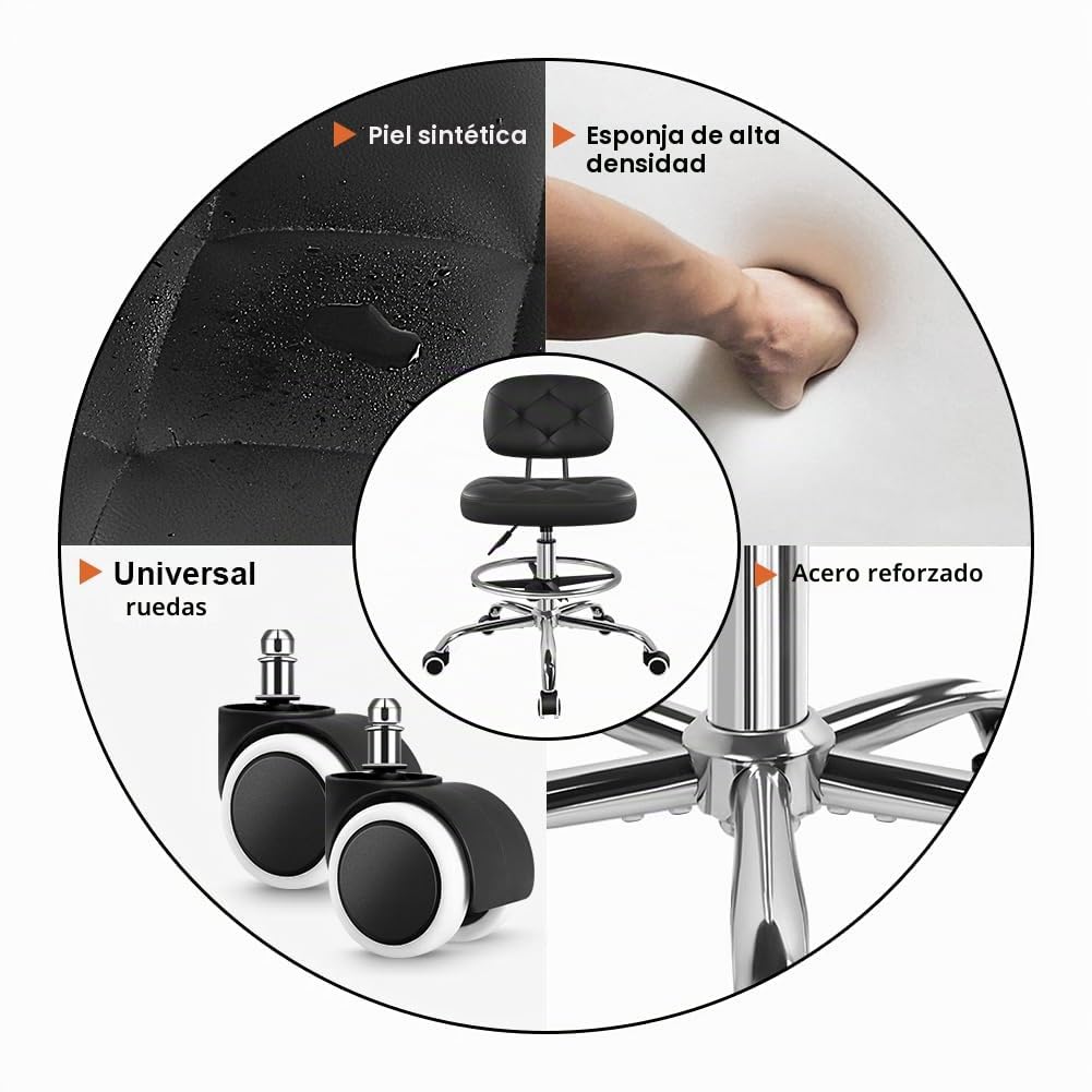 KKTONER Taburete de dibujo con respaldo rodante con reposapiés con ruedas, altura ajustable, sillas de piel sintética para tocador de oficina (negro)