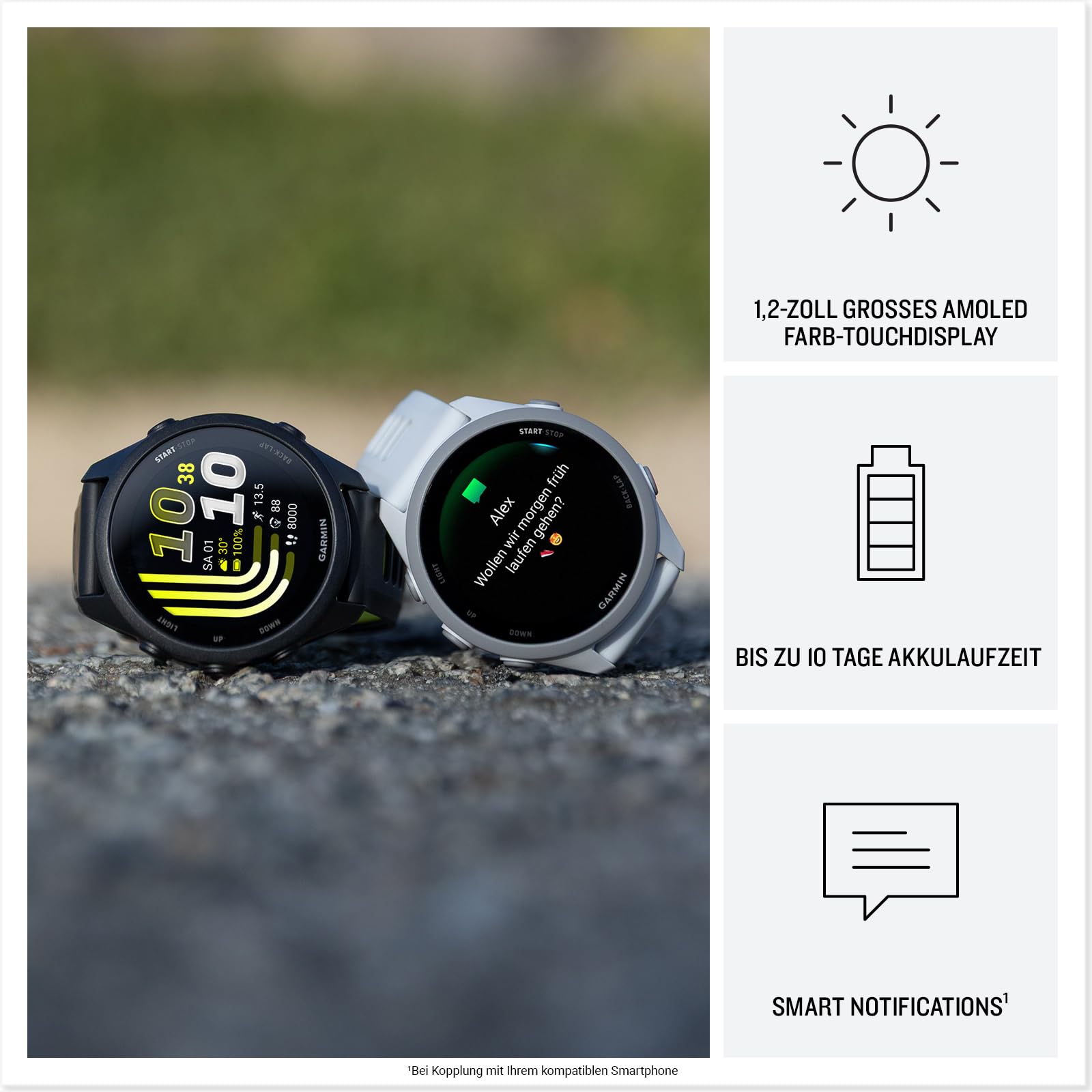 Garmin Forerunner 170 43mm - Lauf-Smartwatch, 1,2" AMOLED Touchscreen, bis zu 10 Tage Akkulaufzeit, Trainingsempfehlungen, Gesundheitsdaten, smarte Funktionen, 80+ Sport-Apps, Pay