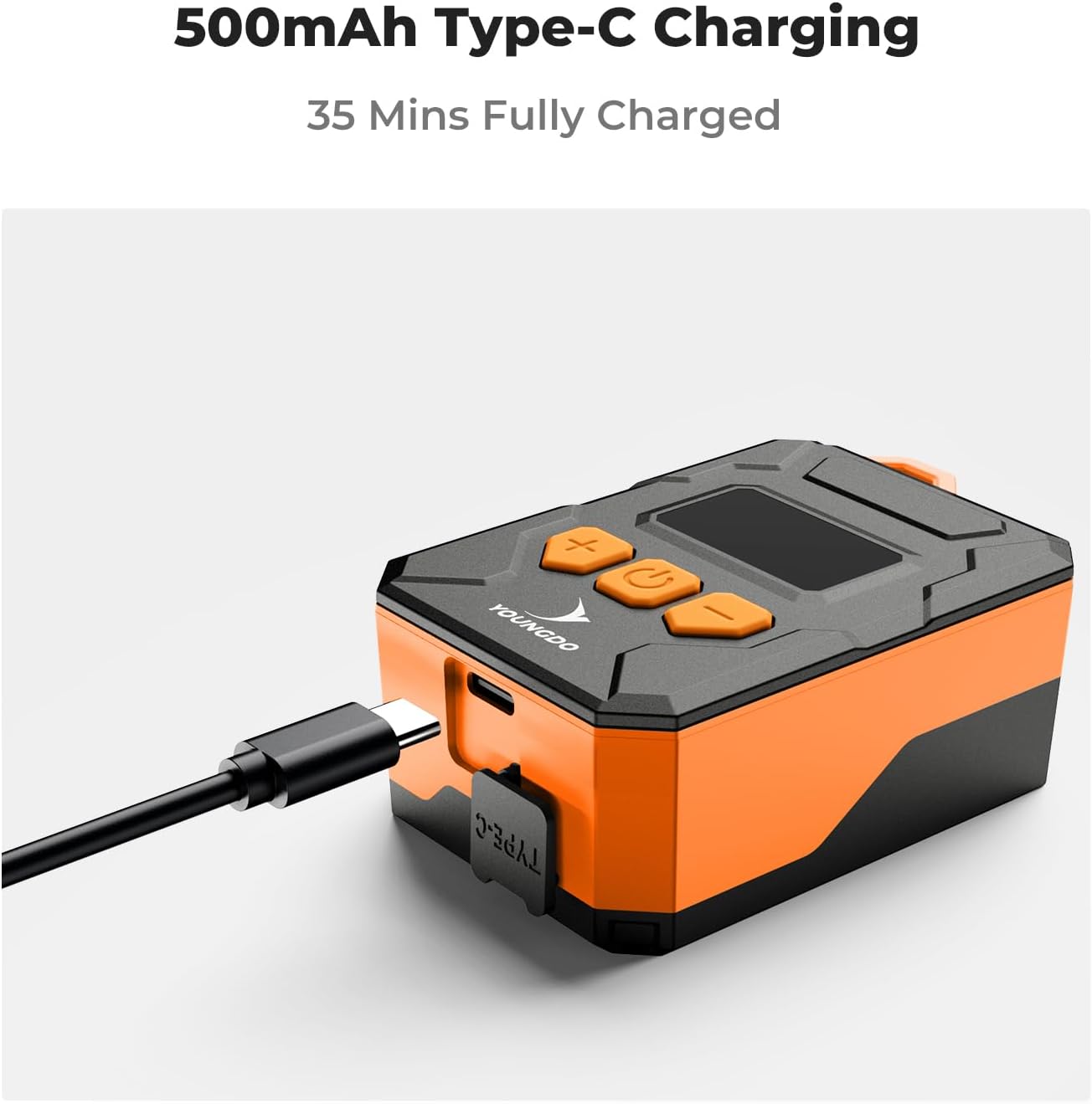 YOUNGDO Mini Bike Pump inflating a bicycle tire, showing the digital display with preset pressure and battery level