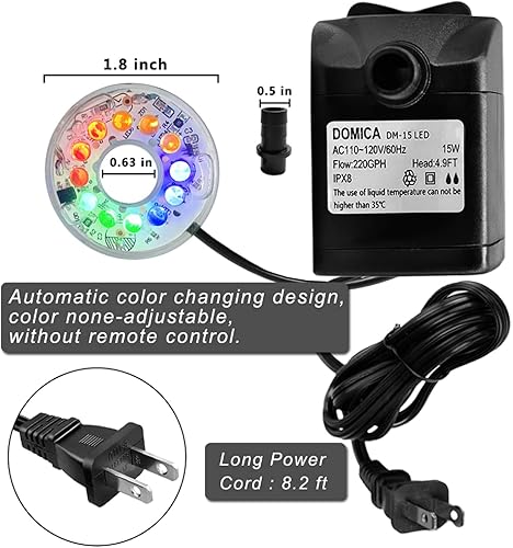 Miniatura 4 de DOMICA Bomba sumergible de fuente de 15W 220 GPH con luz LED, bomba de agua ajustable ultra silenciosa (800L/H) para función de agua, hidroponía,