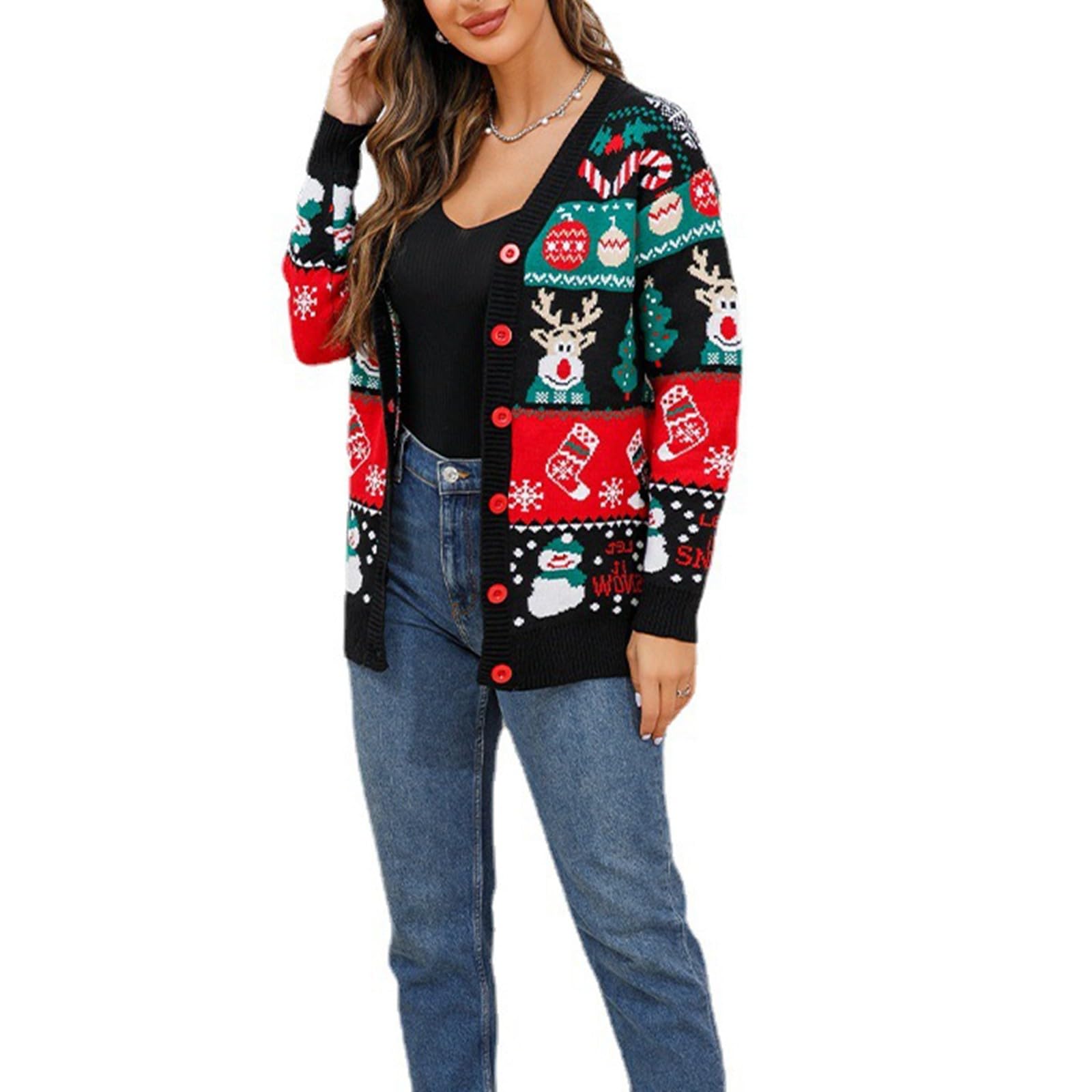 Strickjacke Damen Kurz -Weihnachtspullover Damen Lustig Weihnachtspulli Hässlich Ugly Christmas Sweater Weihnachts Cardigan Elegant V Ausschnitt Strickpullover Jacke mit Knopf für Frauen