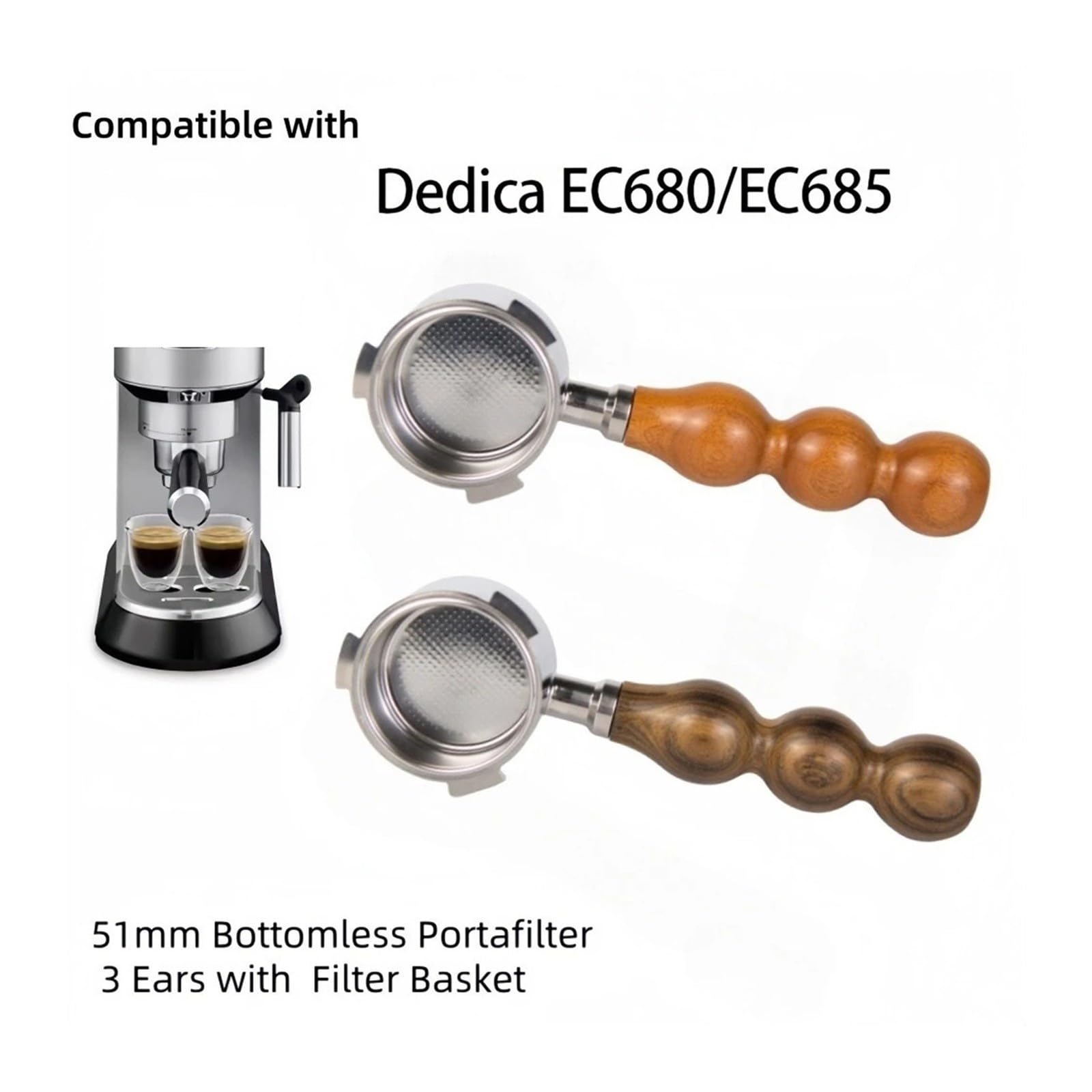 Portafiltro De Café Sin Fondo,Compatible Con Delonghi EC680 / 685 51mm | 3 Orejas Accesorios De Filtro De Mango De Cafetera Espresso A Prueba De Fugas Antideslizante(Black wood)