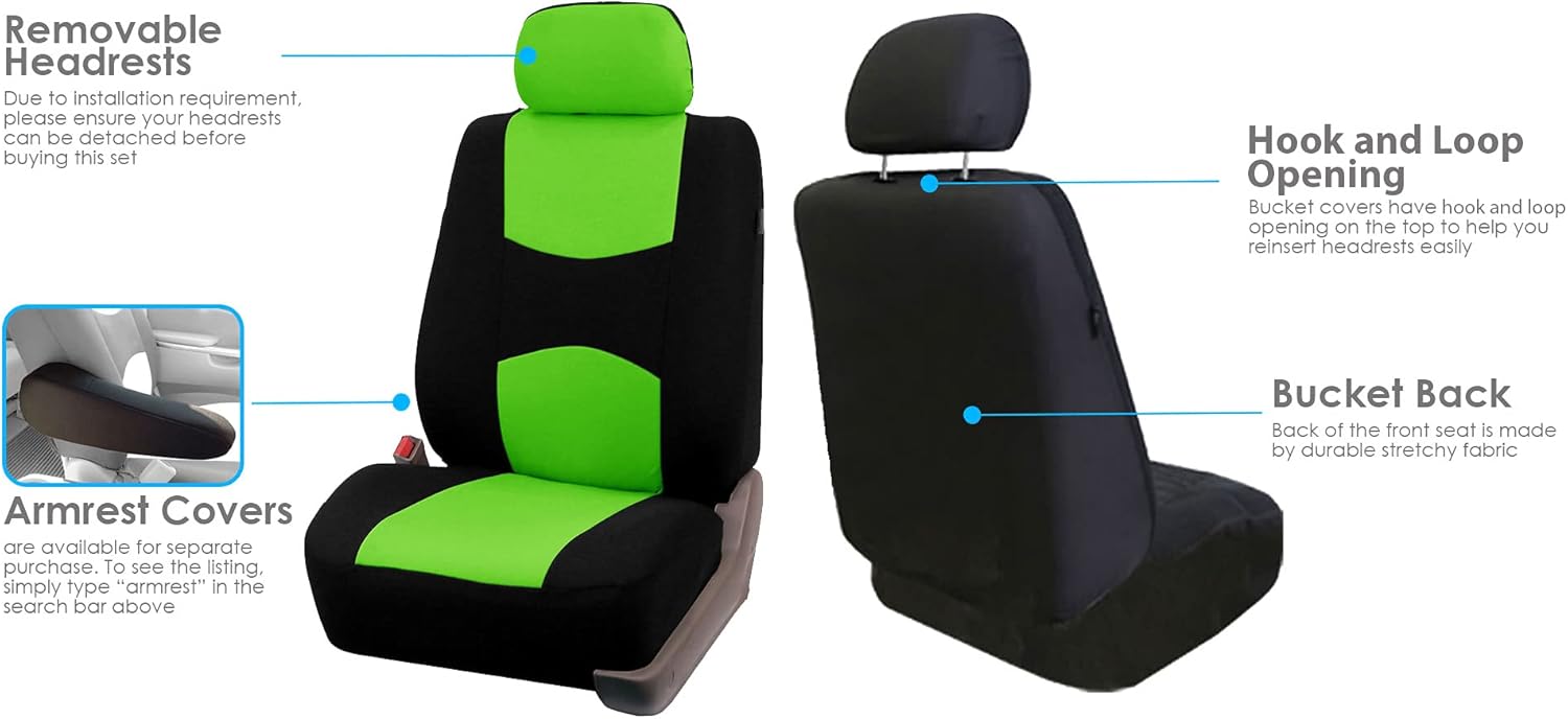 FH Group Automotive Seat Covers Flat Cloth Full Set Green Combo Small Car Seat Cover Design, Rear Solid Bench Universal Fit and Car Seat Protector for Vans Cars Trucks and SUV Interior Accessories