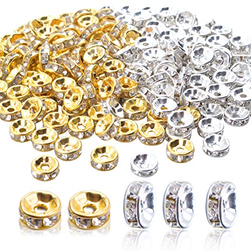Rondelle Beads,200 Pieces Crystal Spacer Beads Loose Round Beads 8mm Gold and Silver for Jewelry Making