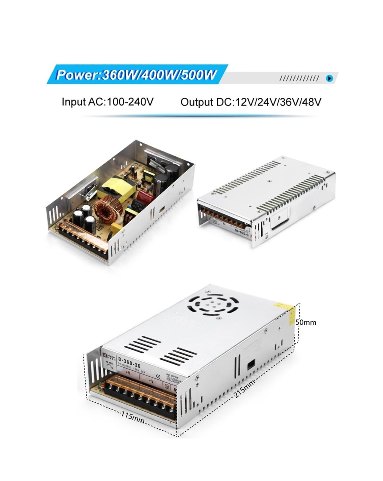 1 x Netzteil 12 V DC, Trafo 1 A, 2 A, 3 A, 5 A, Adapter 6 A, 8,5 A, 10 A, 15 A, Netzteil 20 A, 25 A, LED-Treiber 30 A, 33 A für LED-Streifen (50 W)