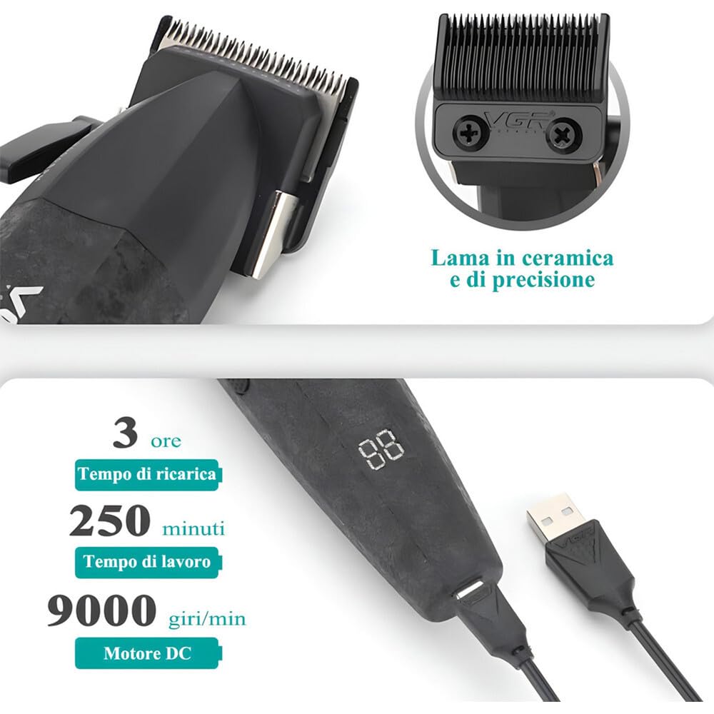 Vetrineinrete® Coppia di rasoi tagliacapelli VGR HAIR TRIMMERR E CLIPPER ricaricabili con display 9000rpm leva conica