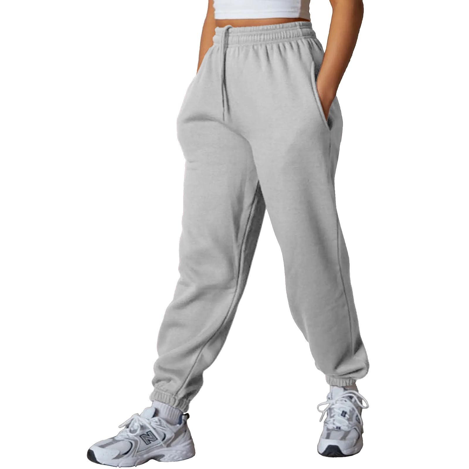 NetSetUK Women's Joggers Plain Tracksuit Jogging Bottoms with Zipper Pockets Elastic Waist Regular Fit Tapered Leg Sweatpants Cuffed Trousers Drawstring Workout Gym Sport Light Grey