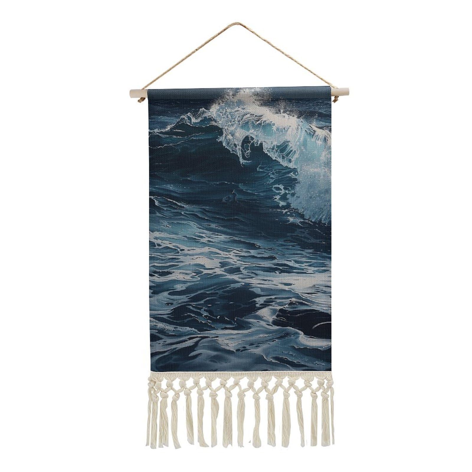 BTCOWZRV Cotton And Linen Hanging Poster with Tassels, Waves in The Wall Hanging Tapestry Vintage Wall Art Painting Modern Artwork Decoration for Home Decor Ready to Hang 10x19.6 in