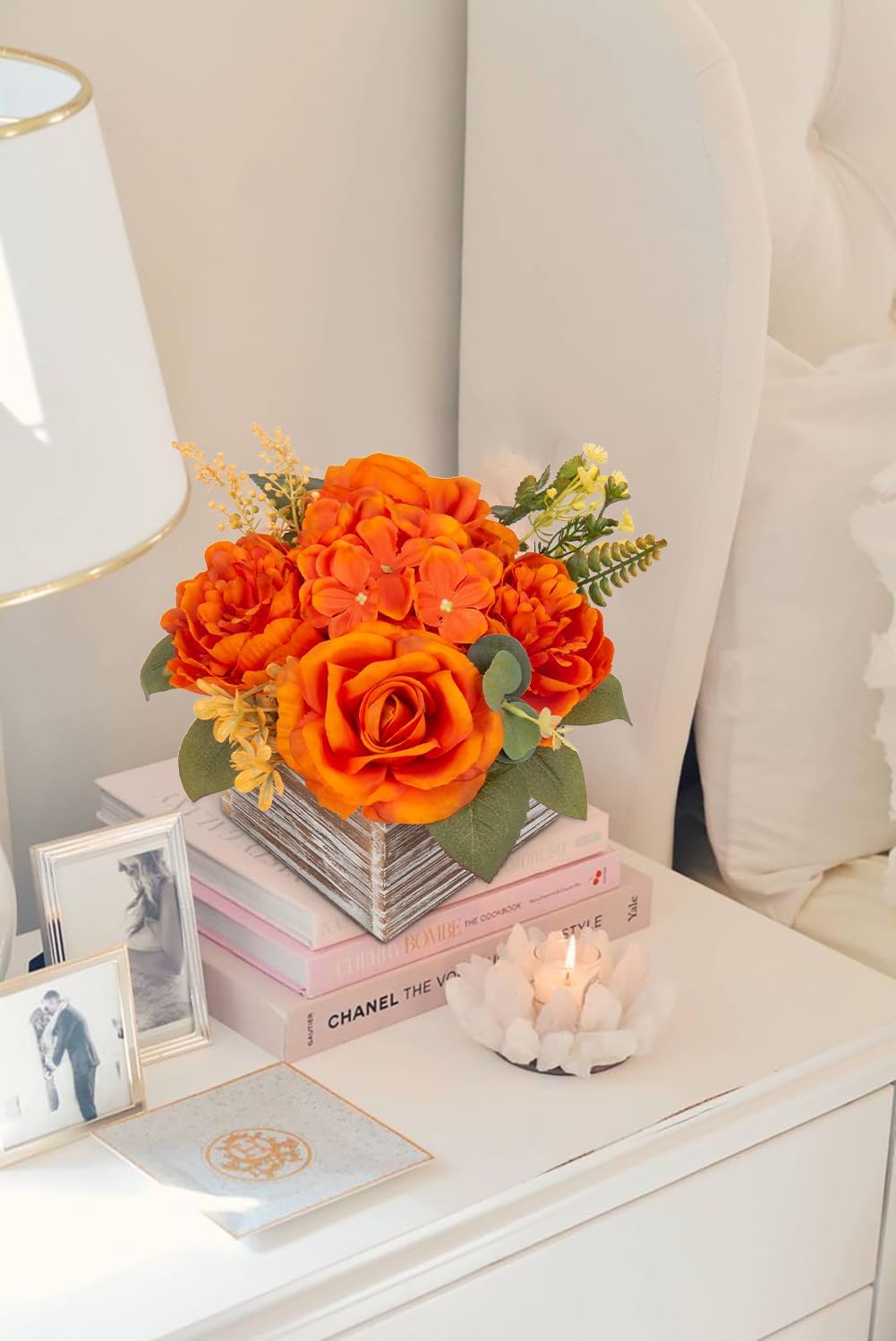 Flower Arrangement with Wooden Vase 8" Artificial Flowers in Pot - Fake Flowers Roses Peonies Hydrangeas in Wooden Vase Potted Artificial Flower Centerpieces for Table Decor Living Room - Burnt Orange - Image 7