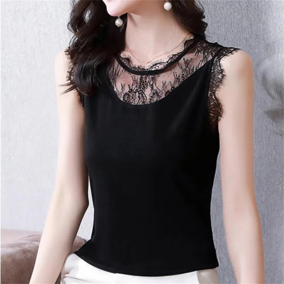 Top corto da donna estivo in pizzo con scollo a O senza maniche