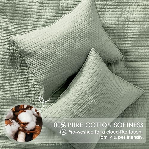 Image of palassio Striped Sage Green 100% Cotton Quilt King Size Bedding Sets, Lightweight Crinkly Channel Pick Stitch Textured Bedspread Soft Shabby Chic Farmhouse Country Coverlet for All Season, 2 Shams