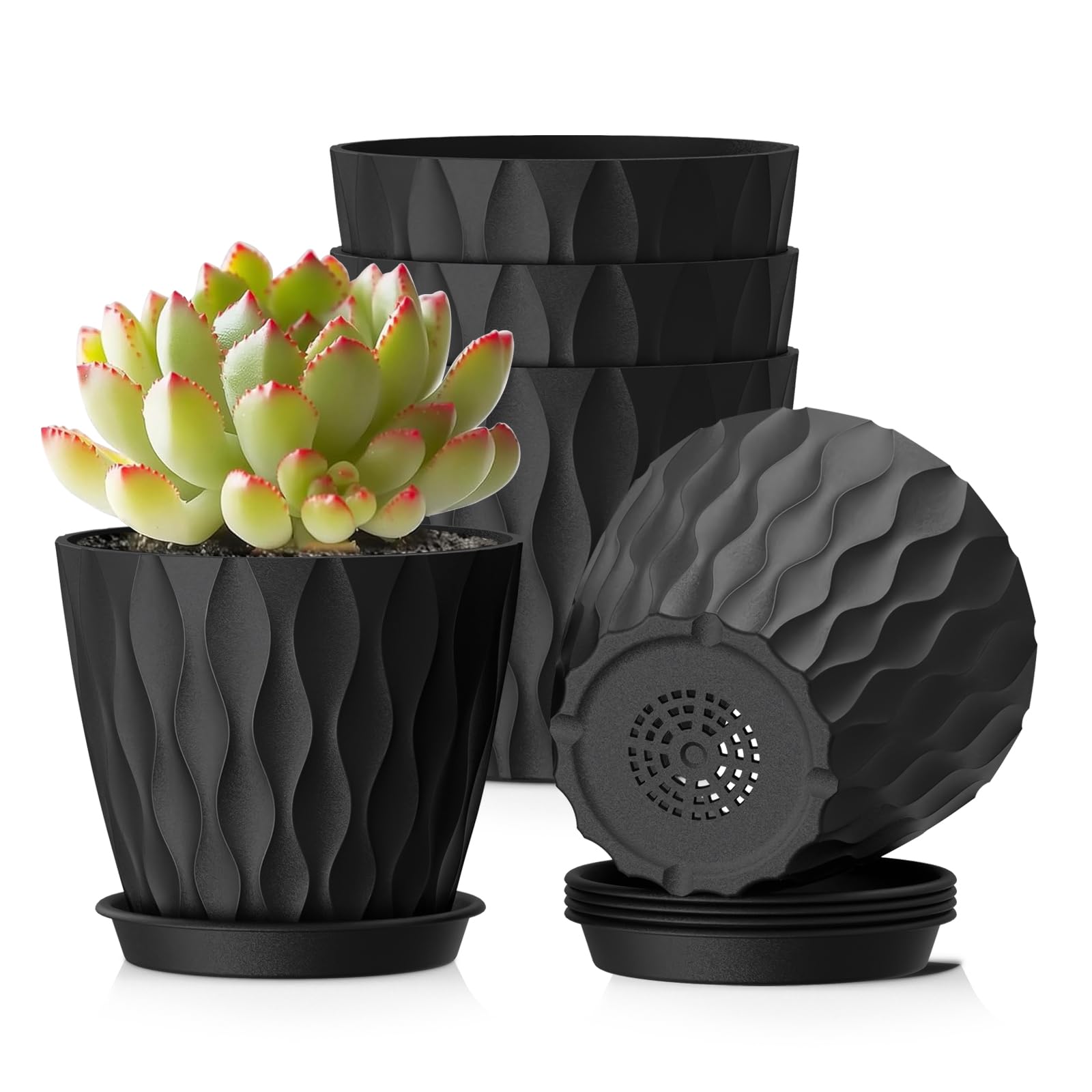 12.7 cm Indoor Plant Pot, 5 Pack Thick Plastic Flower Pots with Drainage Holes & Saucers, 3D Modern Wave Texture, Decorative Nursery Pots for Succulent, Cactus, Mint & Small House Plants, Black — view 22