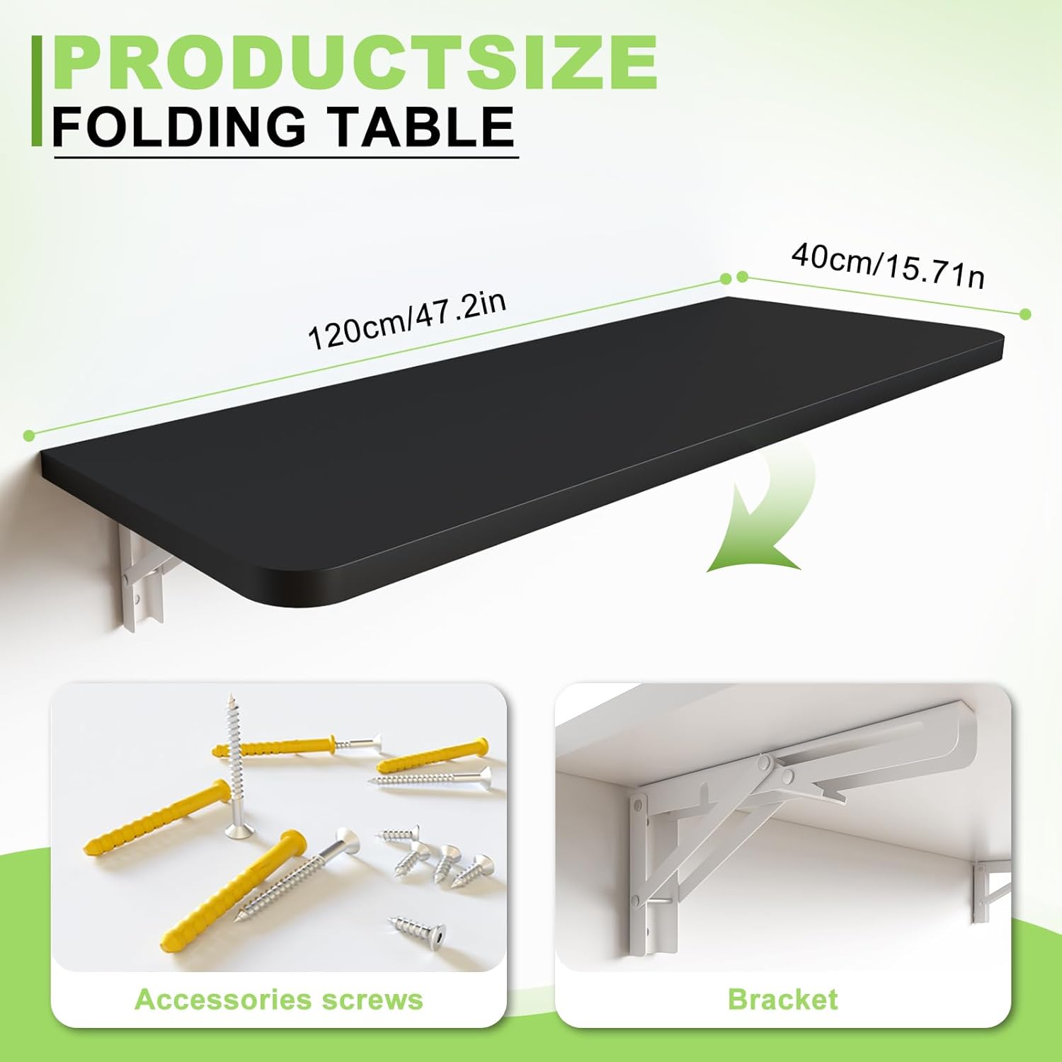 47.2" x 15.7" wall mounted folding table, heavy duty foldable computer desk with brackets, wood floating desk for kitchen dining room, wall desk fold down workbench for small spaces (black) 47×16in black