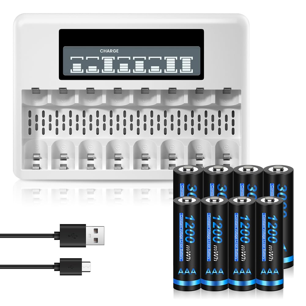 CITYORK Piles lithium-ion rechargeables AA AAA avec 4 piles au lithium AA 1,5 V 3000 mWh et 4 piles AAA 1200 mWh et chargeur de batterie