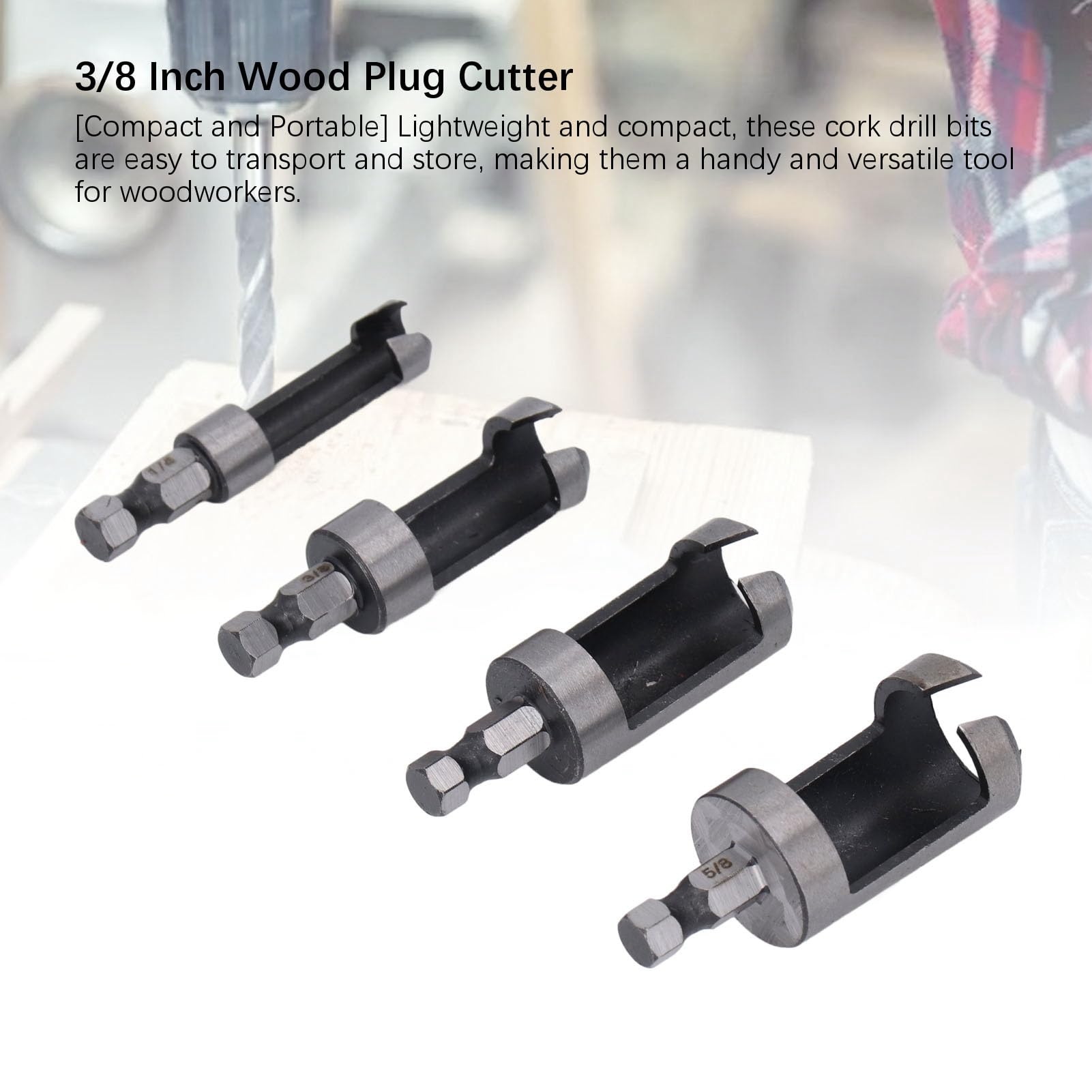 Respicefinem 4 Pieces Wood Plug Cutter Drill Bit Set with 1/4 3/8 1/2 5/8 in Outer Diameter and 1/4 in Hex Shank for Woodworking Carbon Steel Construction Suitable for Various